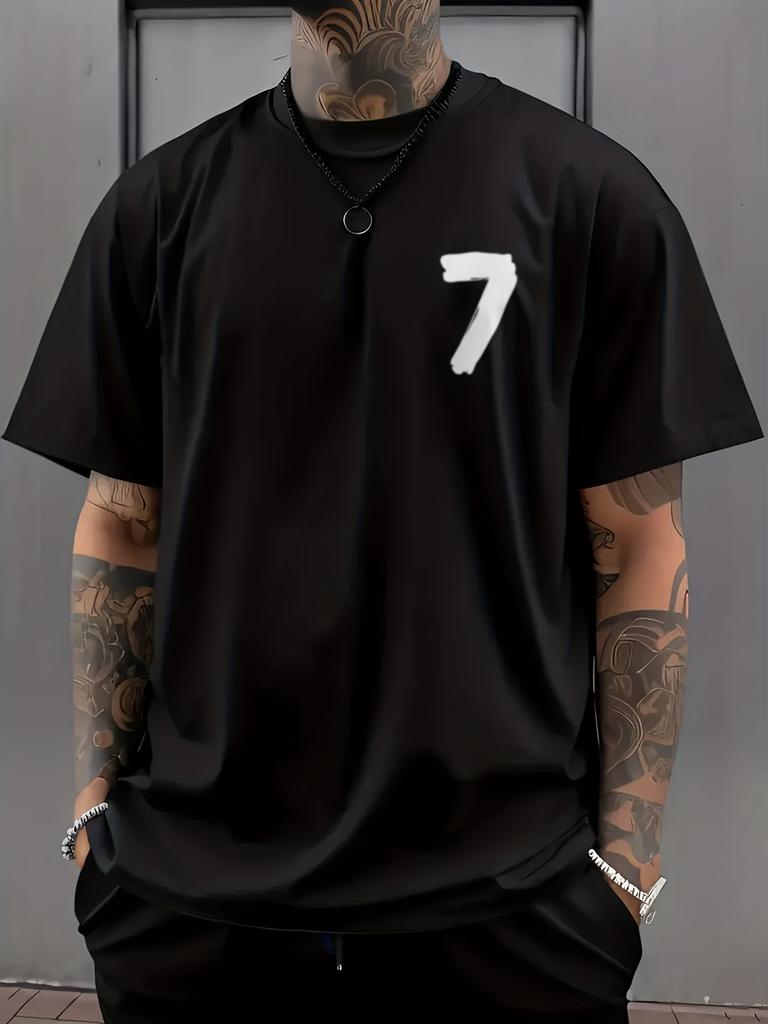 Edgy Brushstroke "7" Number Tee with Minimalist "Have A Good Day" Patch Print Men's T-shirt Summer Streetwear
