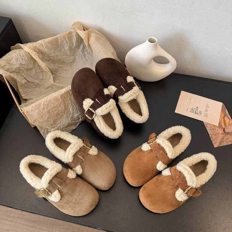 Birkenstocki aksamitne nowa jesień i zima wsuwane miękka skóra gruba podeszwa retro płaska podeszwa bawełniane buty puszyste buty