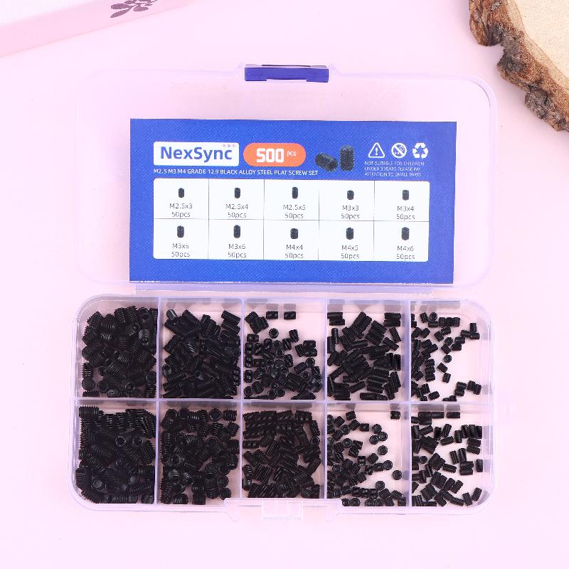 500pcs M2.5 M3 M4 DIN913 304 Stainless Steel Black Hex Hexagon Socket Allen Flat Point Grub Bolt Set Screw Kit Box
