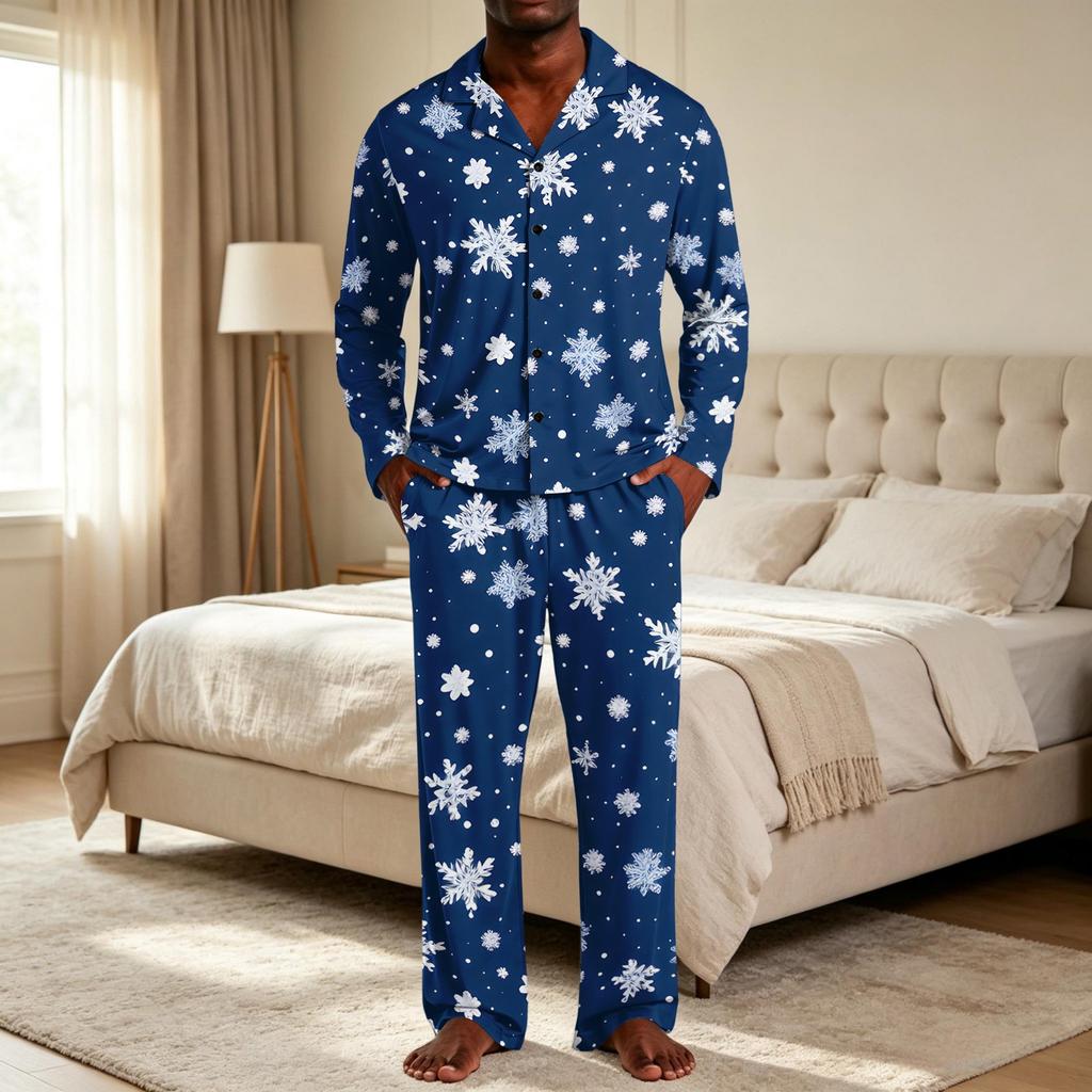 Men's Christmas Pajama Set with Button Down Shirt and Straight Leg Pants, Casual Print Sleepwear Two Piece Outfit, Festive Holiday Loungewear