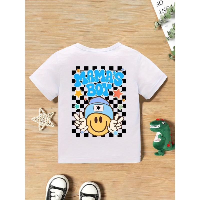 Summer Fashion Boys' Short-Sleeve T-Shirt with Checkerboard Element and Letter Double-Sided Print Casual