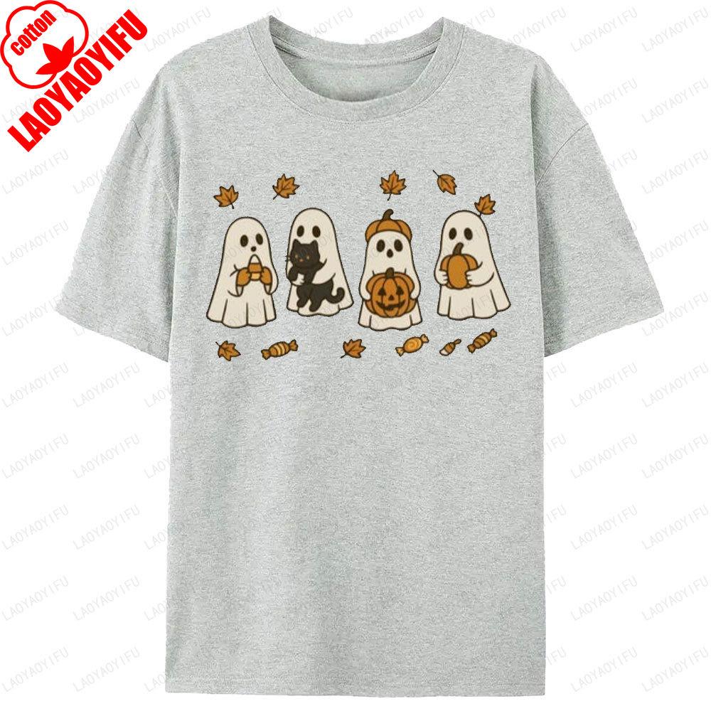 Spooky Season Ghost Cat Pumpkin Halloween Graphic T Shirts Unisex Clothes Unisex Clothing Street Fashion Crewneck Tops TShirt Gift