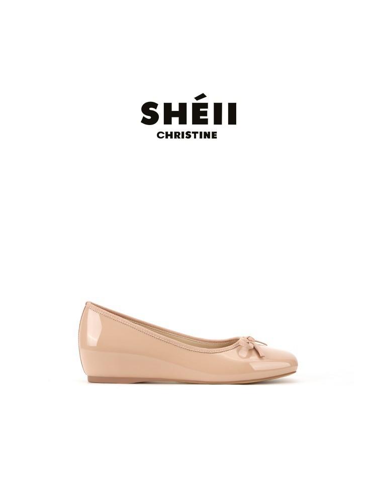Sheepskin~ The same inner height increase leather square head bow commuter ballet shoes women's flat shoes
