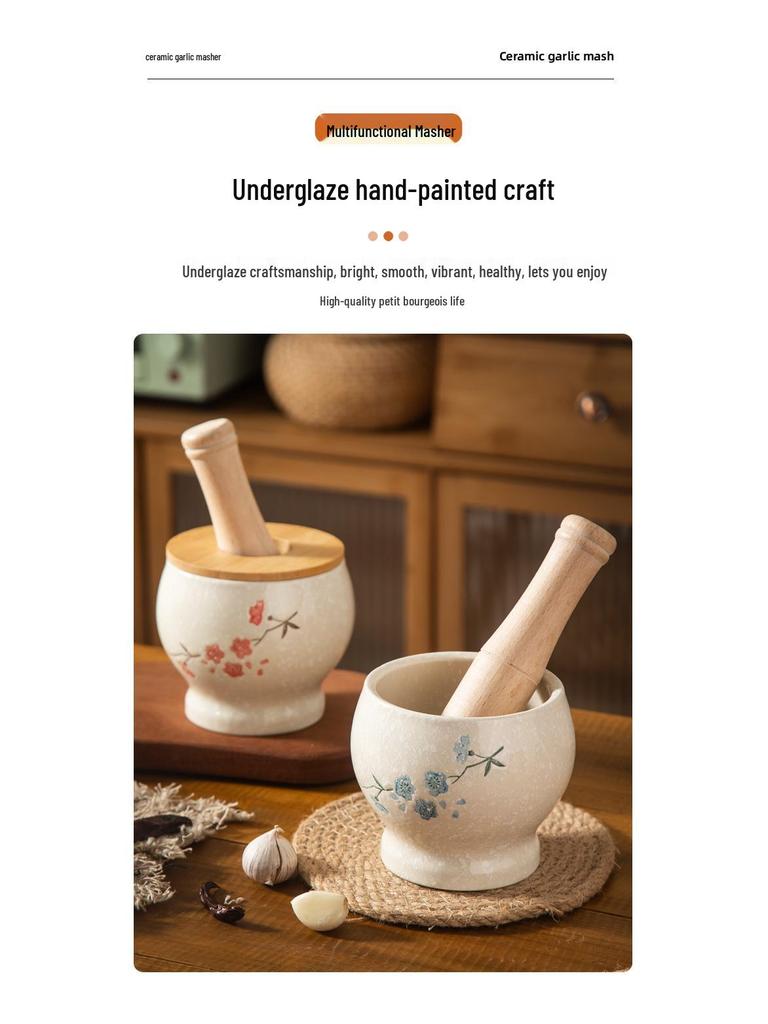 Ezme ve Öğütme İçin Ahşap Tokmaklı Seramik Sarımsak Ezici Havan ve Tokmak Seti