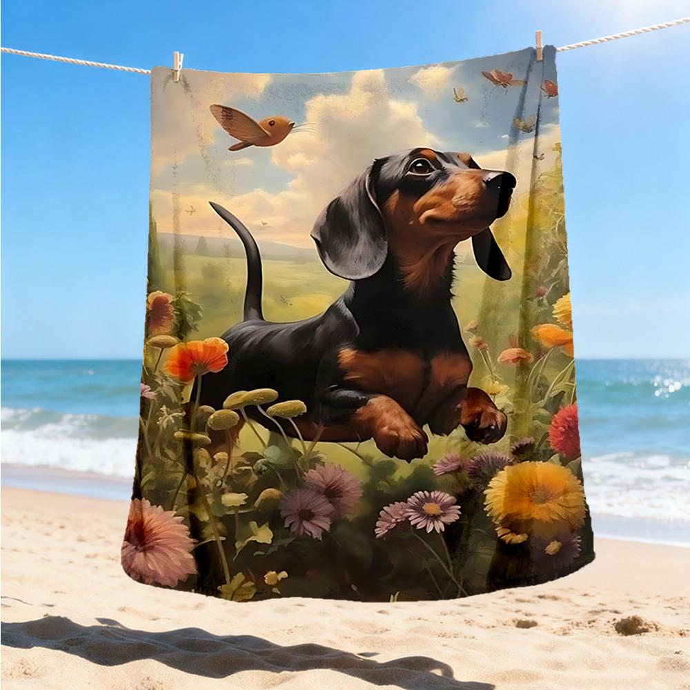 1pc Dachshund, Flower Field Print Outdoor Blanket, Lightweight Polyester,