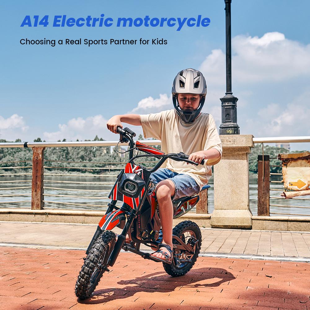 A14 Dětská ELEKTRICKÁ DIRT BIKE 14 palců 500W Motor 36V5.2Ah Baterie Dojezd 20-22 km Tlumení nárazů, Bluetooth LED světla