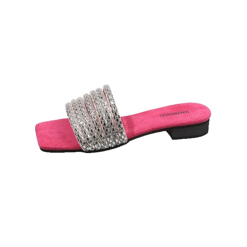 Fashion 2025 Summer Women Square Toe Crystal Slippers Fashion Dress Flats Shoes Ladies Concise Outdoor Beach Slides