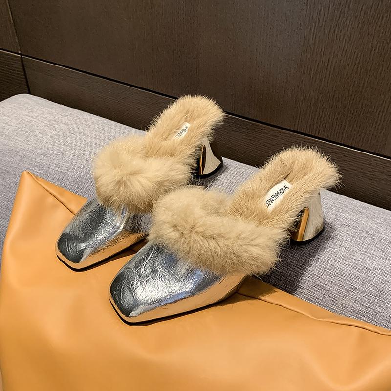 Fashion Women's New Winter Baotou Slippers Fashion Square Head Deep Mouth Anti-slip Wear Coarse Cotton Drag