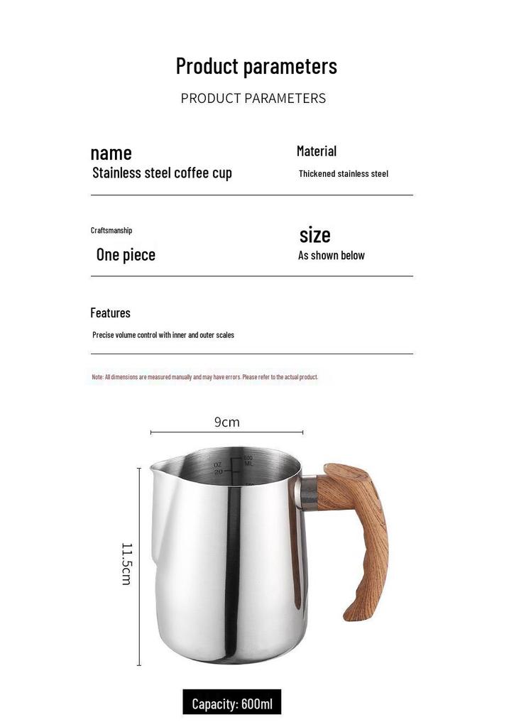 Stainless Steel Latte Art Cup with Wooden Handle and Scale - Thickened Milk Frothing Cup with Pointed Spout for Coffee Art