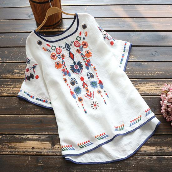T-shirt Embroidered Loose National Style Ladies Short Sleeve Oversize Blouse