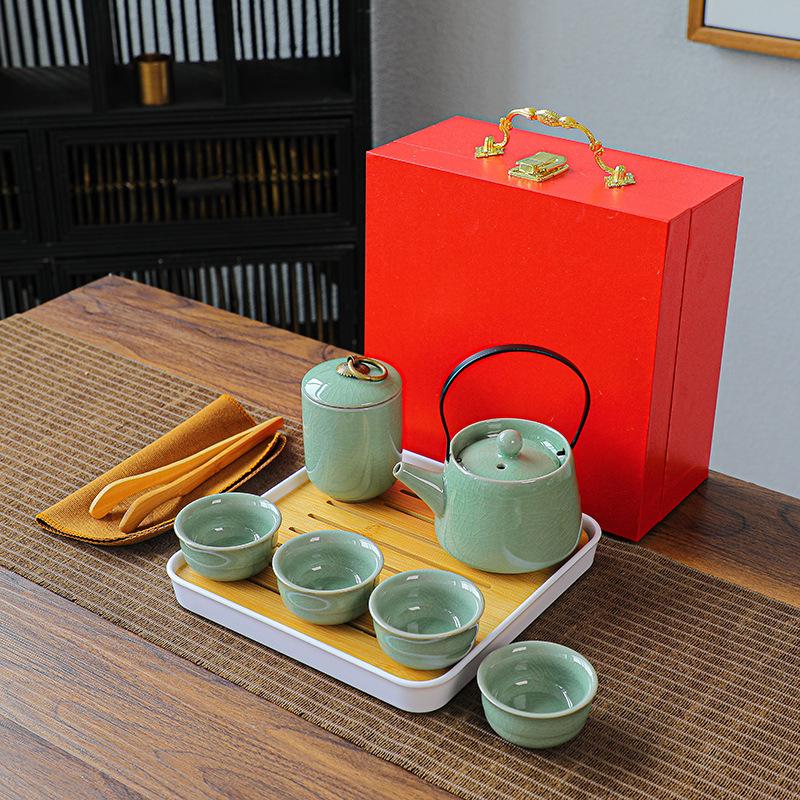 

Ge kiln travel portable kung fu tea set gift one pot four cups tea tray office porcelain gift
