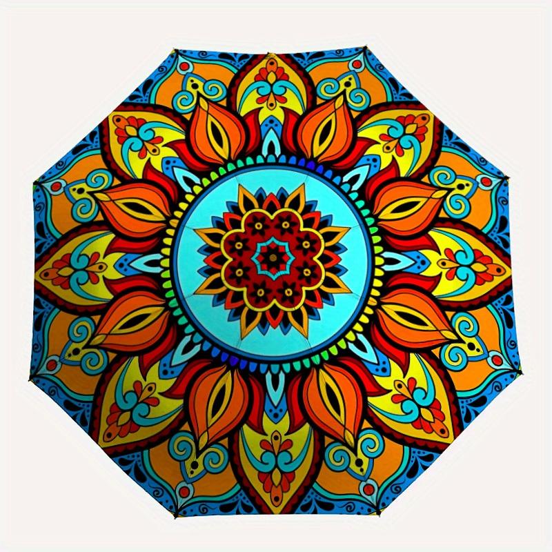 

1pc Mandala Artwork, Automatic Folding Umbrella - 8-Rib Iron Frame, Windproof, Portable Sunshade with Plastic Handle for Travel & Outdoor Ac