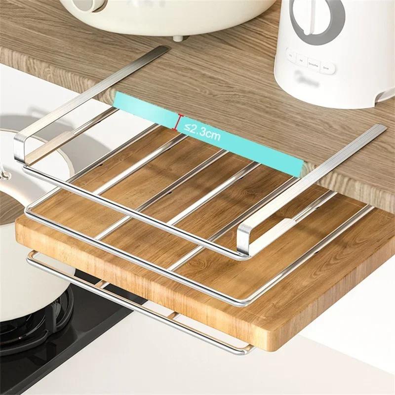 Kitchen Under Cabinet Hanging Organizer Rack with Hooks Multi-Purpose Holder for Paper Towel Cutting Board & Pot Lids