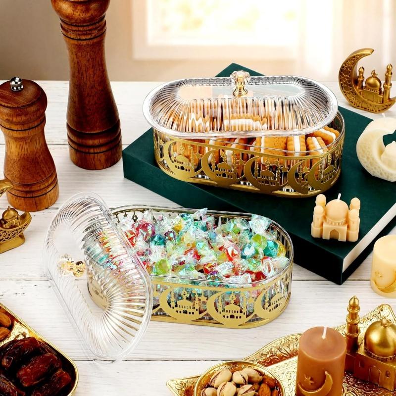 1Pc Eid Mubarak Serving Platter with Lid Ramadan Dessert Tray Food Storage Box Jar