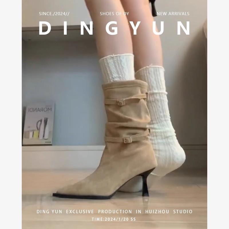 2025 autumn and winter new fashion versatile pointed heel suede French high heel thin short boots women's buckle belt