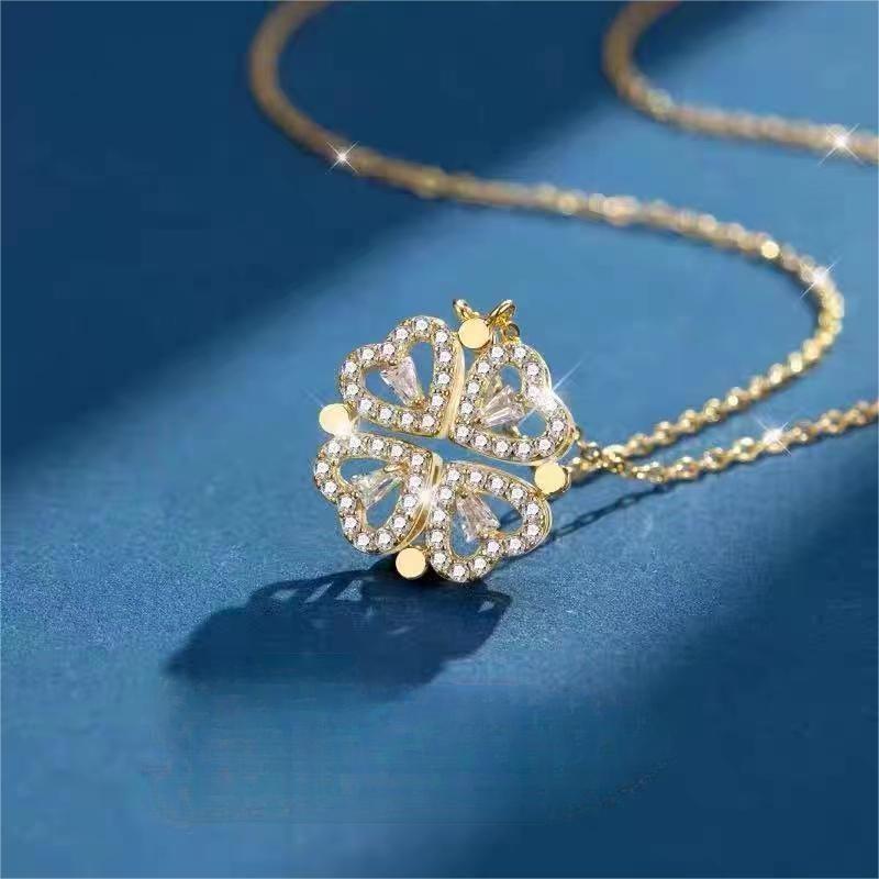 Fashionable women's four-leaf clover necklace with heart shape and full of diamonds; a versatile piece of jewelry that can be wo