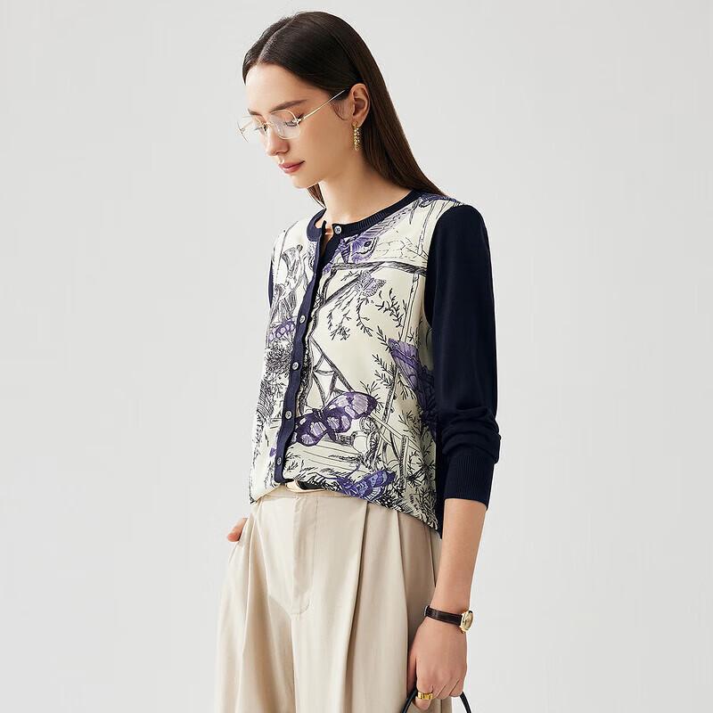 Women's Mulberry Silk Blend Abstract Print Long Sleeve Cardigan