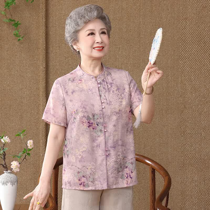 New Chinese Style Floral Print Summer Shirt for Middle-aged Women