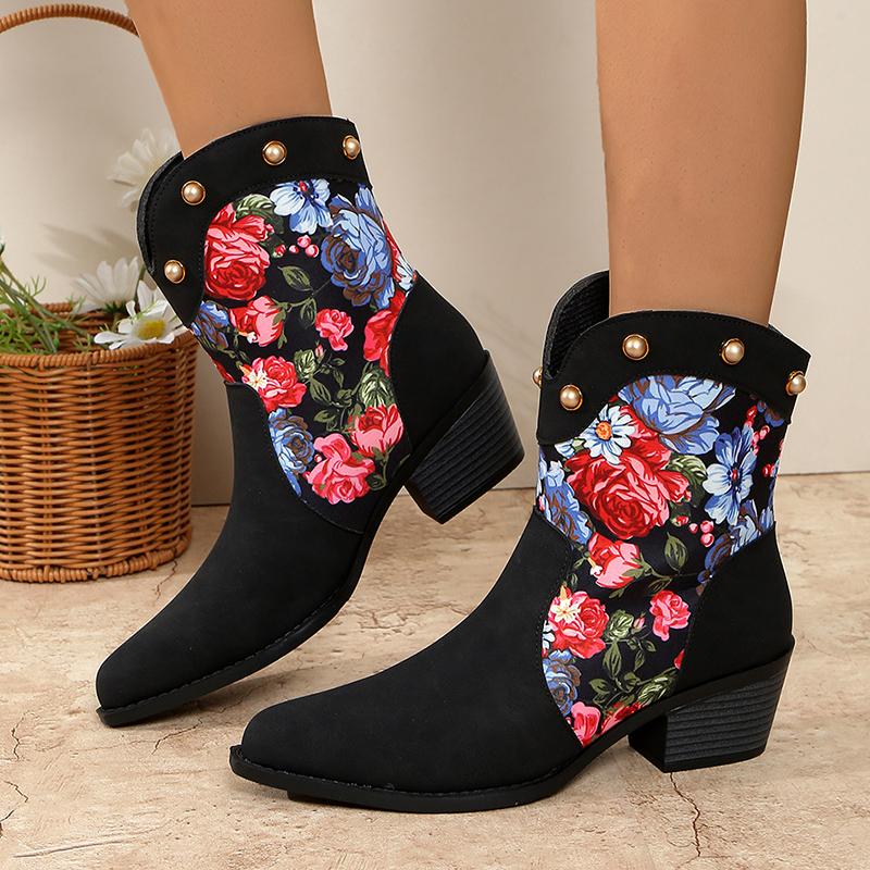 fashion Trendy Multi-Coloured Patchwork Print Women Ankle Boots Metal Rivet Decoration Pointed Toe Women's Boots Winter New Ladies Boots