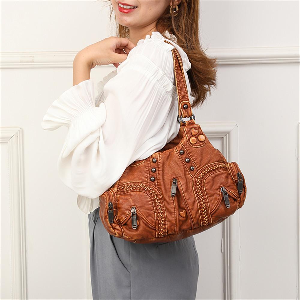 Women All Season Fashion Washed PU Leather Women's Shoulder Bag Fashion Design Button Rivet Weave Crossbody Bag Vintage Handbag Female Travel Totes
