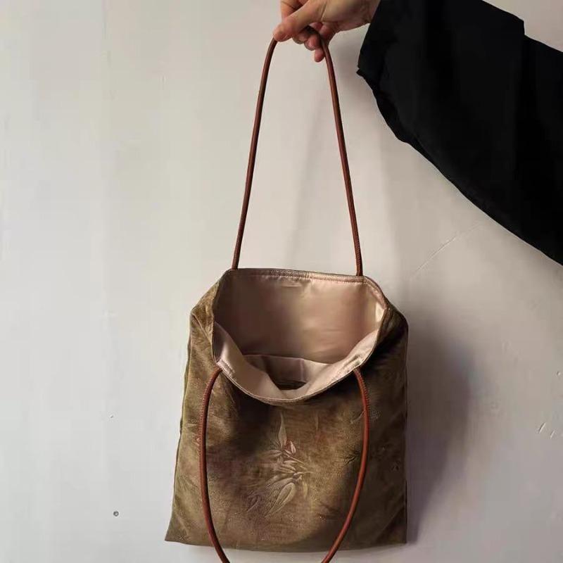 Autumn and winter new Chinese style cheongsam bag bamboo leaf embossed corduroy large capacity tote shoulder handbag cloth bag
