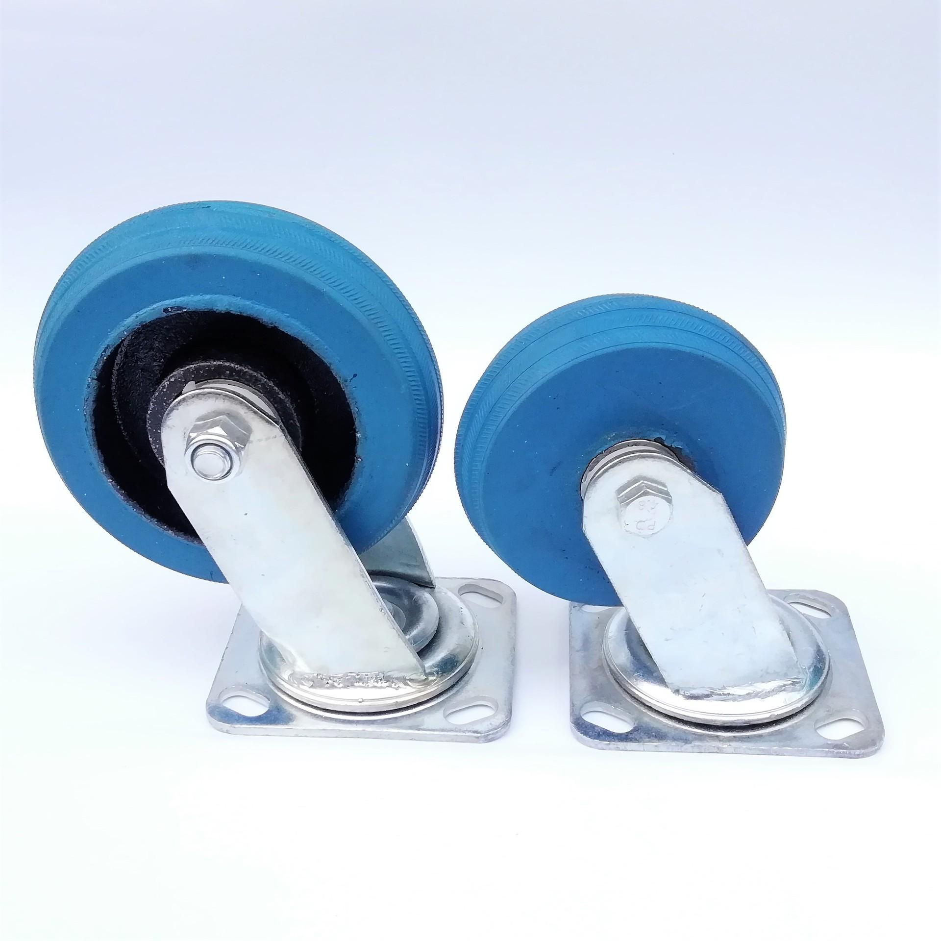 Blue Heavy-Duty Industrial Rubber Wheel with Iron Core - Universal Flat Cart Steering Caster 4-inch Iron Core Blue Rubber Fixed