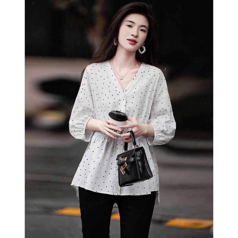 Women's French Style Polka Dot V-Neck Cotton Blouse