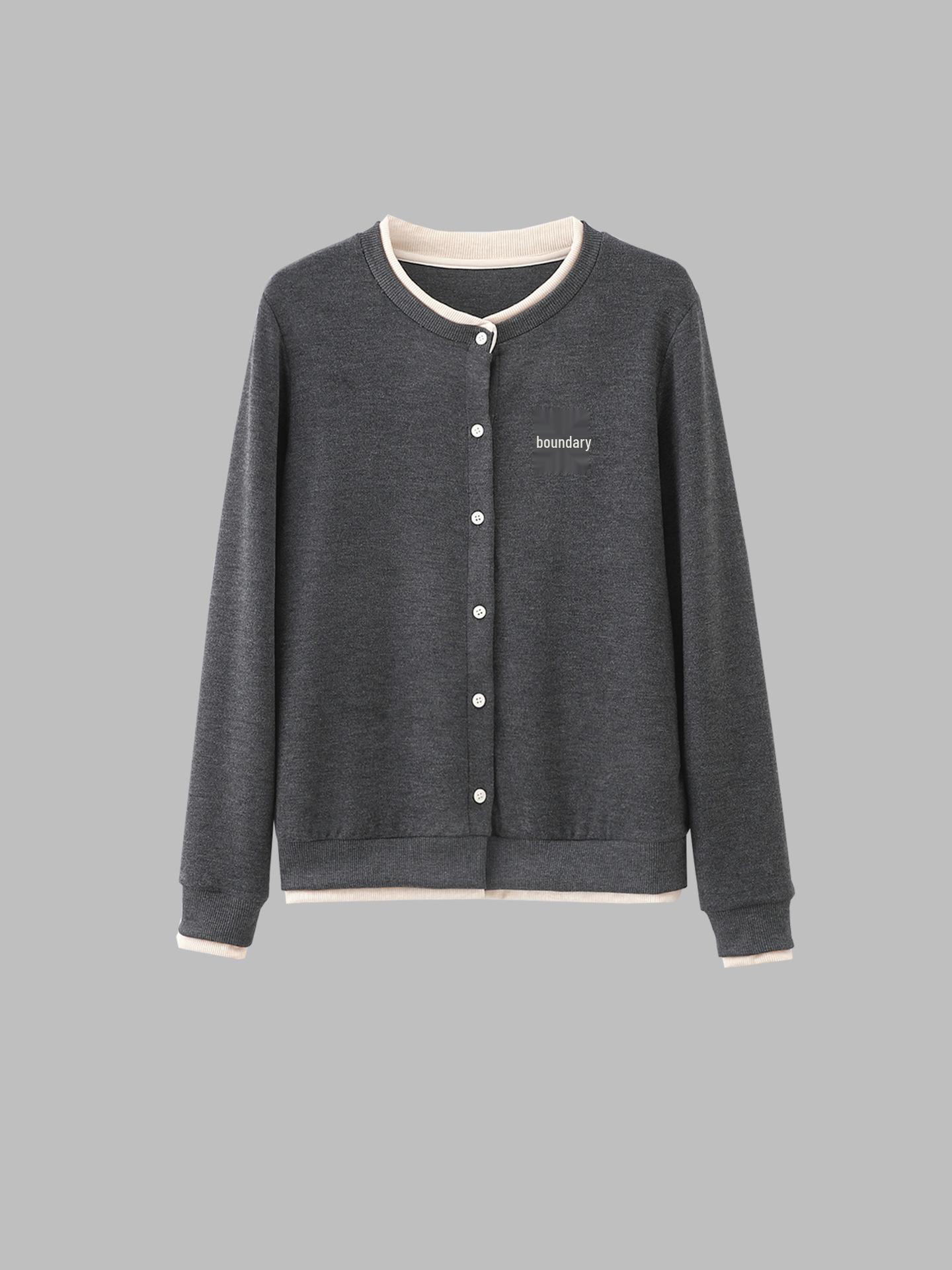 

Серый кардиган с вышивкой в стиле колор-блок - Женский осенне-зимний образ из двух частей, свитер с круглым вырезом QD065 L: 120-140 lbs