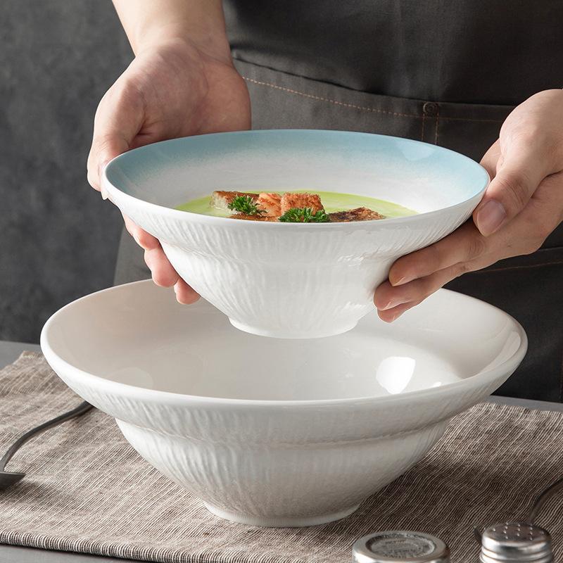 Creative Home Large Soup Bowl, Instant Noodle Bowl, Salad Bowl, High-End Large Soup Bowl, Internet Red White Stone Pattern Ceramic Tableware