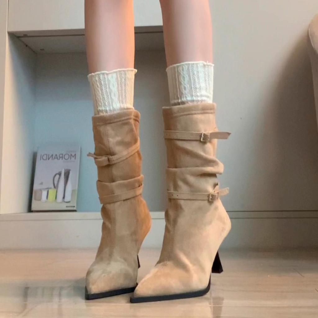 New Style Women's Suede Women's Mid Calf Boots Pointed Toe Stiletto Femme Long Boots Solid Color Lady High Heels Shoes