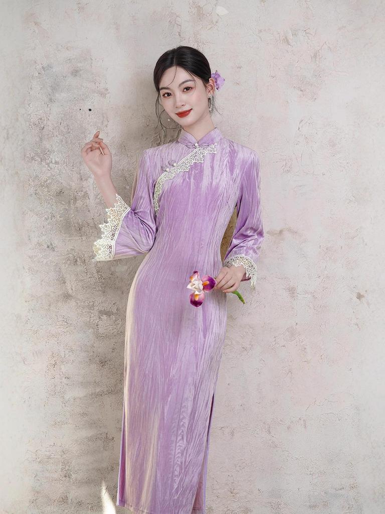 Youthful Purple Cheongsam: New 2025 Autumn/Winter Long Sleeve Chinese Style Dress