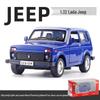Boxed 1:32 Lada Jeep Alloy Car Model Toy with Pull-Back, Sound, and Light.