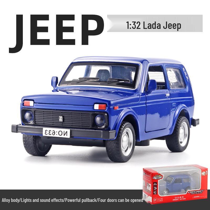 Boxed 1:32 Lada Jeep Alloy Car Model Toy with Pull-Back, Sound, and Light.