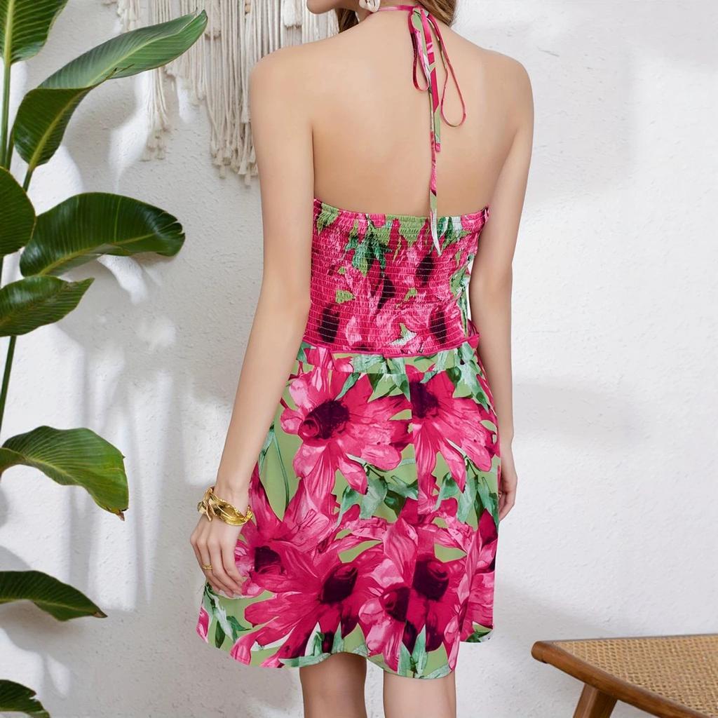 European and American summer new temperament elegant printing neck backless dress women