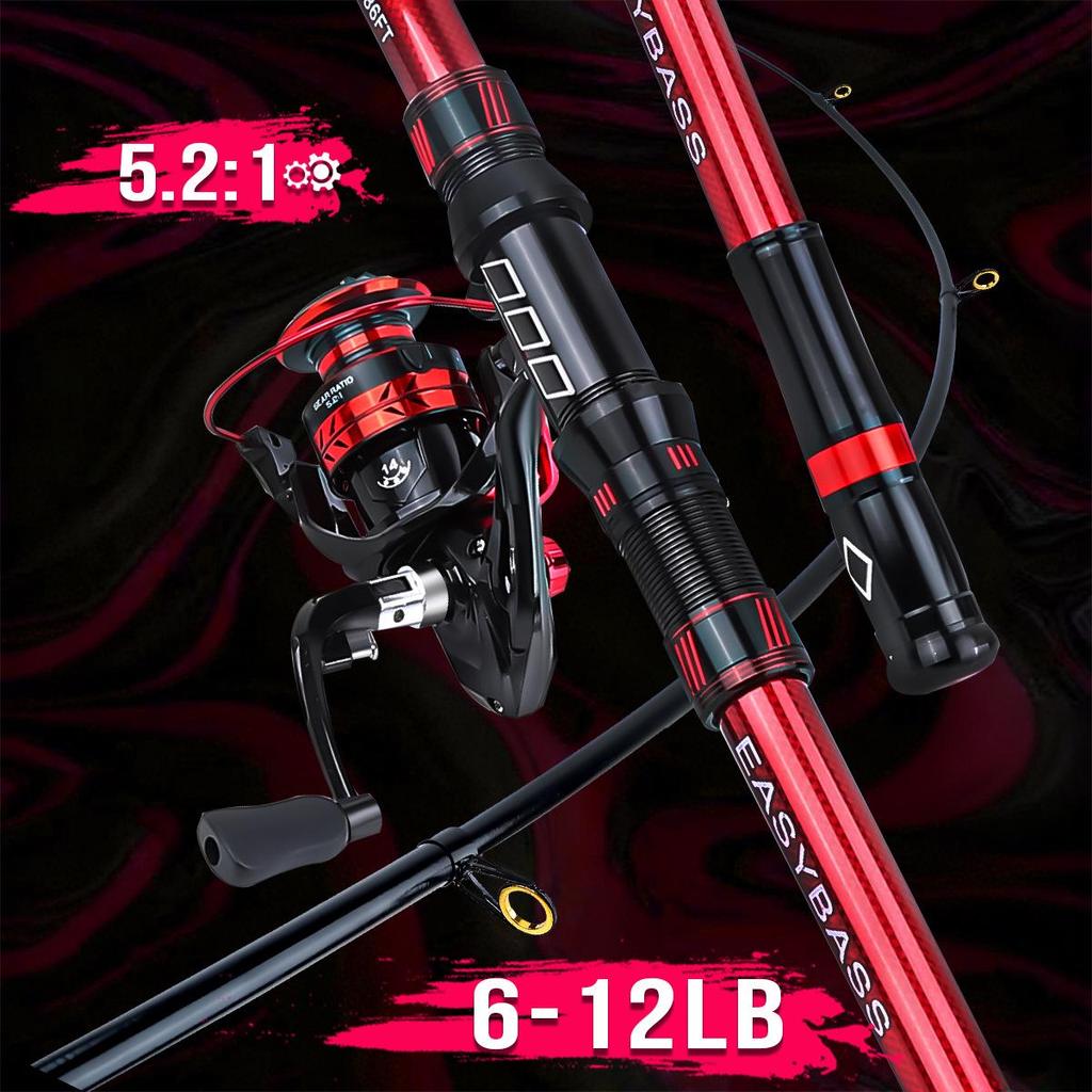 2.7m Telescopic Fiberglass Fishing Rod Set: Includes Black/Red Lure Rod, Pliers & Gloves.