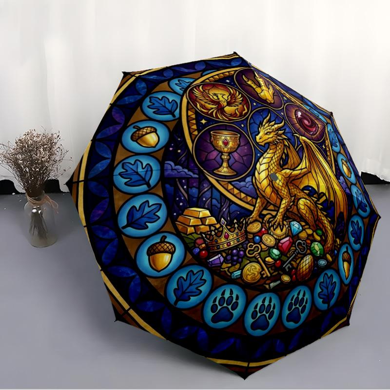 Golden Dragons Treasure pattern umbrella, portable and foldable design, 8 ribs, a casual accessory for Halloween, Christmas, and birthday gifts.