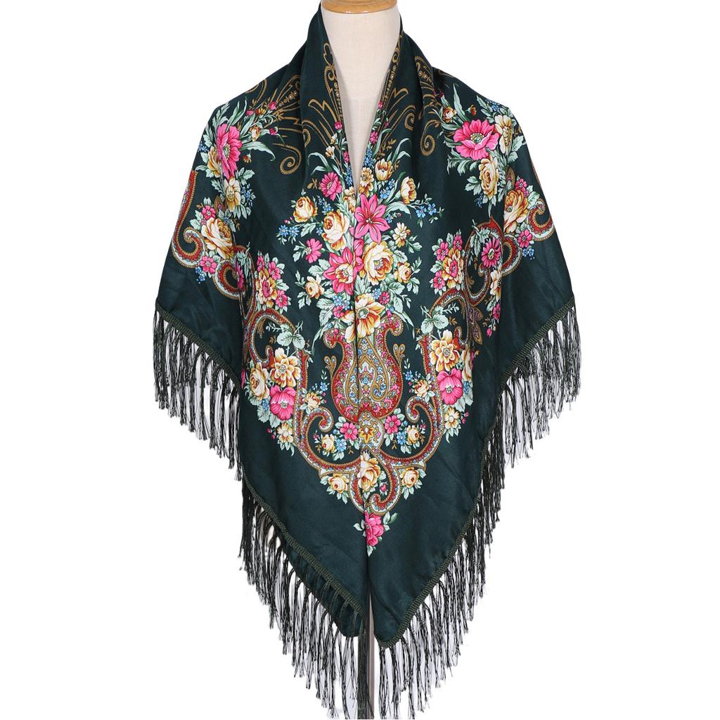 130*130cm Women Luxury Floral Print Square Scarves Russian National Fringed Shawl Traditional Ukrainian Babushka Head Wraps