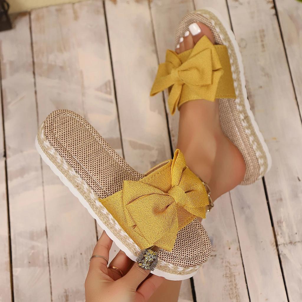 Fashion Women Slippers 2025 New Casual Home Slippers Cute Linen Slides Women Summer Bow-knot Soft Floor Sandals Indoor Flat Shoes