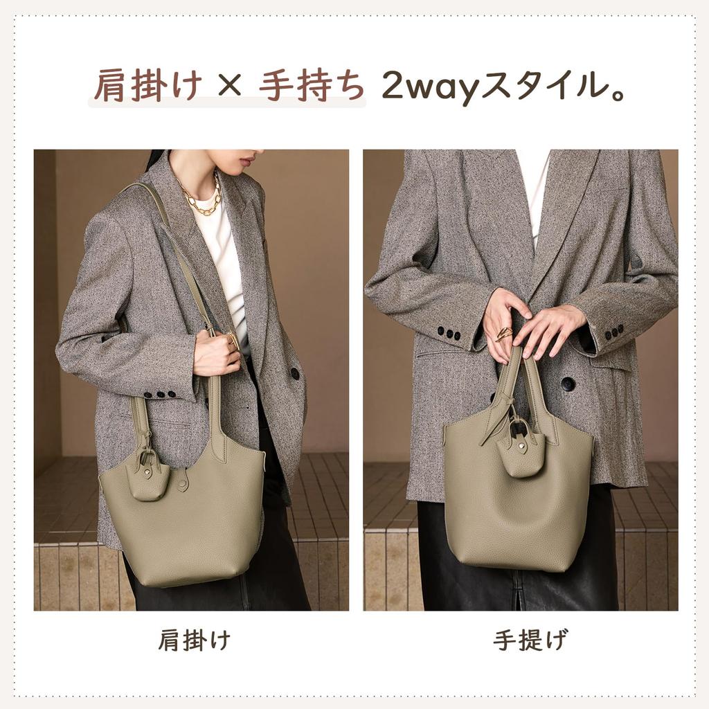 MFFOR Genuine Leather Handbag with Inner Bag and Mini Adjustable Large and Stylish Women's 2-Way Pouch, Length, Capacity, Casual, Commuting, Simple,