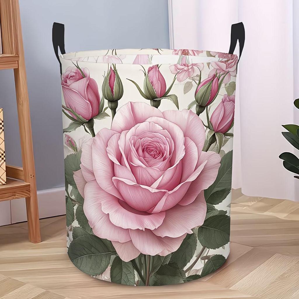 Romantic Pink Rose Laundry Basket with Fresh Flower Design for Bedroom Storage