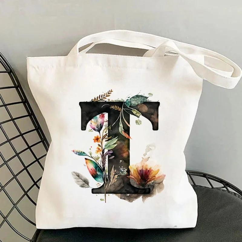 26 Black Alphabet Flower Tote Bags For Women Large Capacity Canvas Casual New Shopping Printed Reusable Handbag Eco Bag Large
