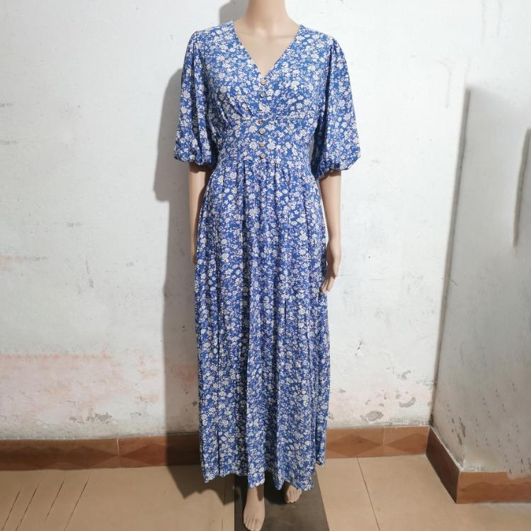 Women Casual Bohemian Beach Floral Print V-neck Short Sleeve A-Line High Waist Elastic Ankle-Length Slit Spring Summer Dress