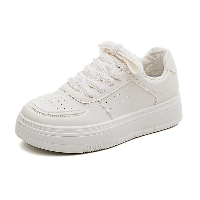 Fashion Spring Women Faux Leather Sneakers Lace Up Low-top Round Toe Thick Bottom Outdoor  Women Shoes Comfy Versatile Zapatos De Mujer