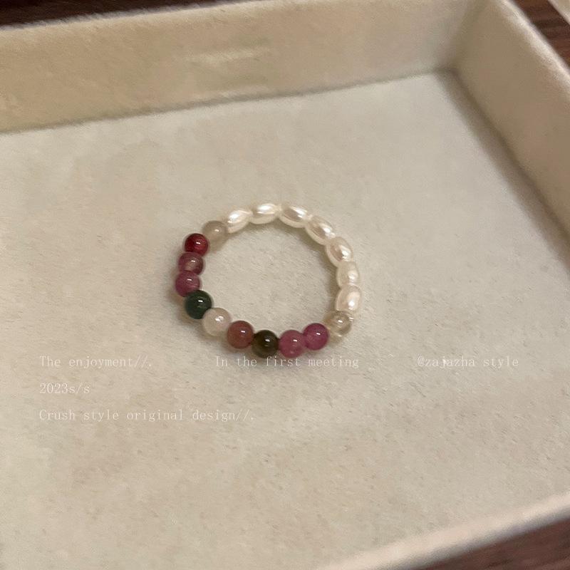 Tourmaline Pearl Natural Stone Ring for Women, Light Luxury Layered Wear, Niche Design, Index Finger Ring, High-End Beaded Accessory Ring