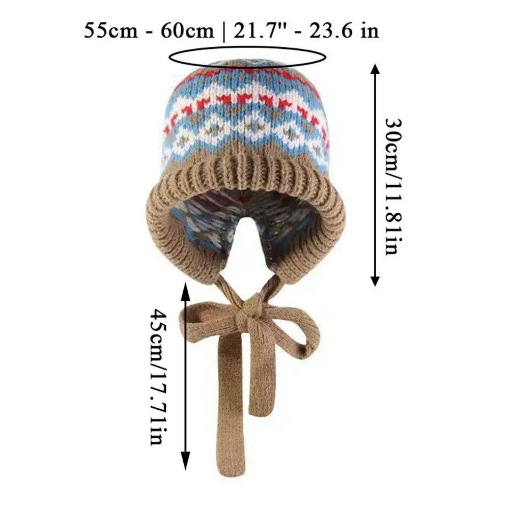 Retro Striped Knitted Woolen Hat Thickened Windproof Beanie Cap Ethnic Style Cold-proof Strap Ear Protection Hat for Women
