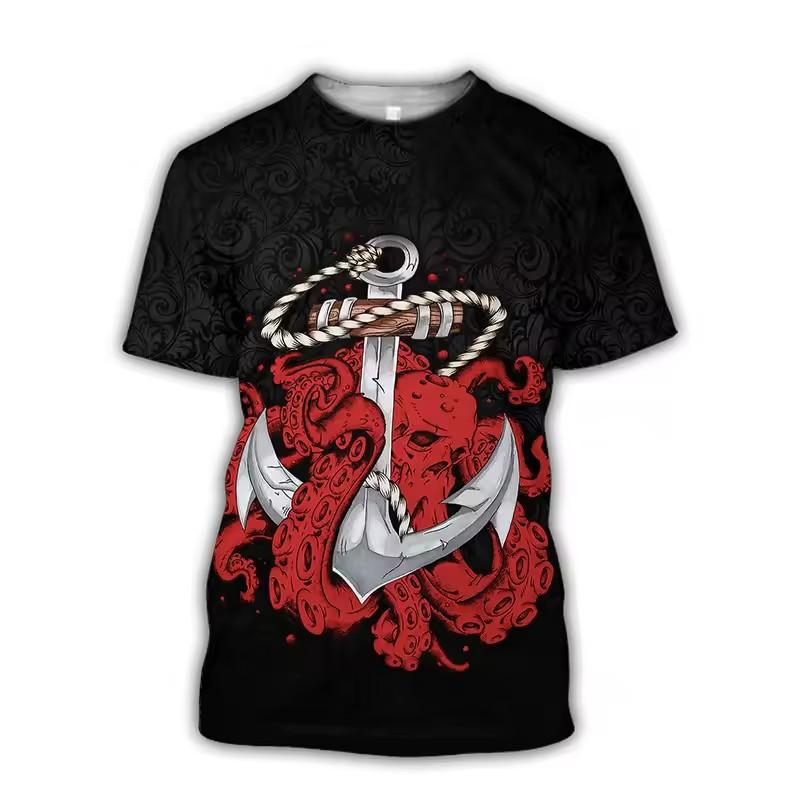 Men'S Summer 3d Printing Printed O-Collar Short Sleeve T-Shirt Ocean Octopus Art Personality Retro Plus Size Loose Top