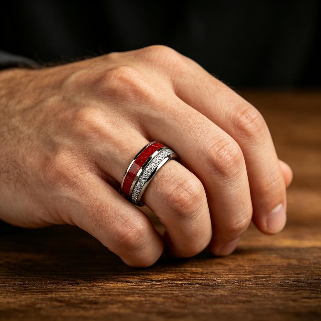 Luxury Red Opal & Meteorite Inlay Rings for Men Women, Fashion 8mm CopperColor Men Stainless Steel Rings, Wedding Band Jewelry