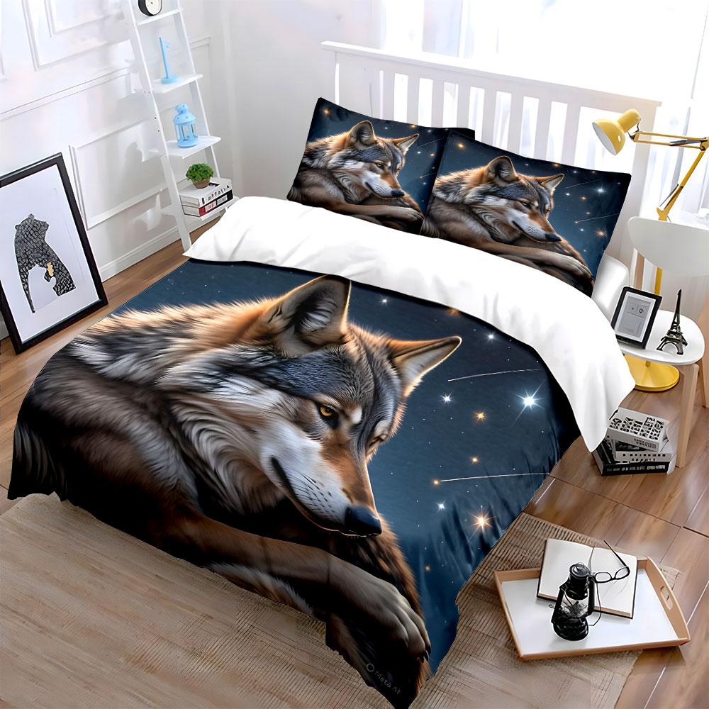 Wolf with starry background Print Bedding Set 1 Duvet Cover 2 Pillowcases for Adult and Children Luxury Gift Full Size