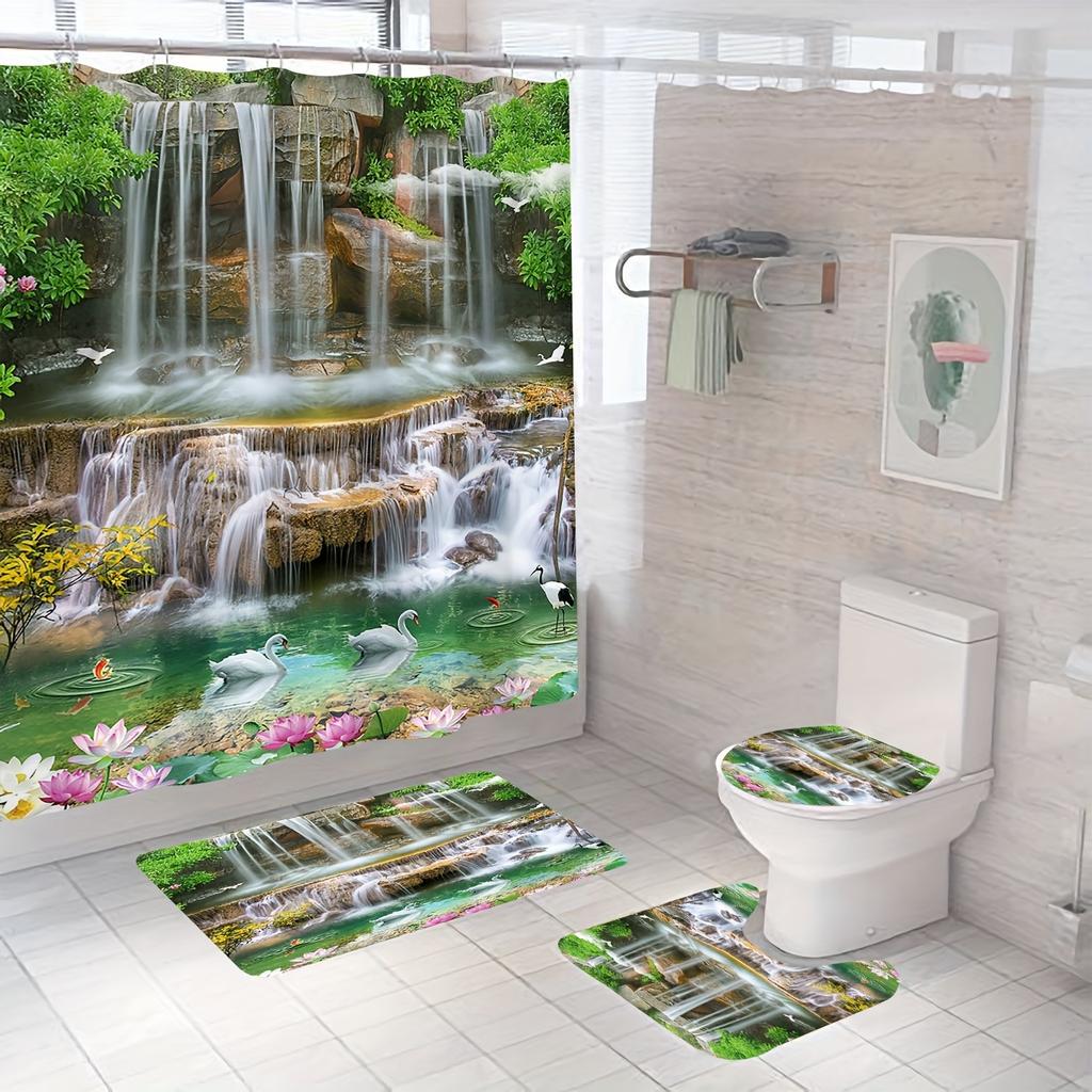 Forest Shower Curtain Set Non-Slip Rug Toilet Lid Cover Bath Mat Maple Leaf Bathroom Curtain Waterproof Natural Scenery Curtains