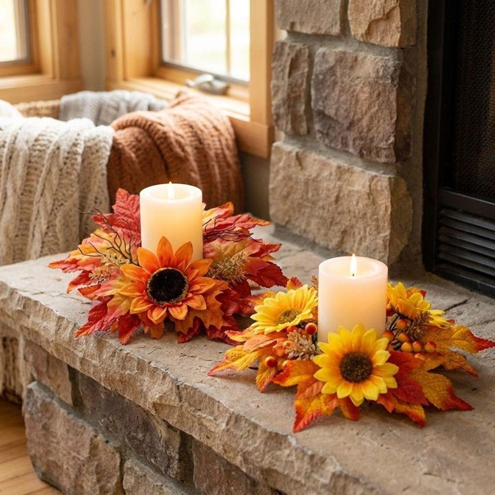 Fade Resistant Sunflower Maple Candle Ring Wreath Harvest Pillar Candle Surround Ring Home Decor